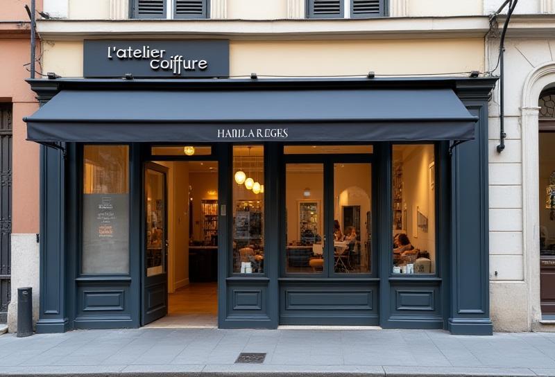 Exterior view of L'Atelier Coiffure salon in Lyon.