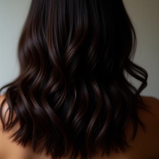Rich, dark hair color with subtle waves.